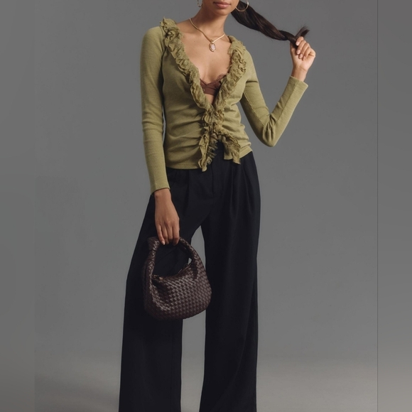 Olive Green By Anthropologie Ruffled Lace Frilly Cardigan Top XXS - Picture 2 of 9